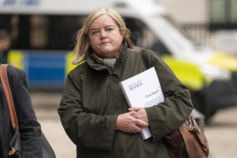 Baroness Louise Casey arrives at the Queen Elizabeth II Conference Centre, London, Monday March 20, 2023, to attend the press briefing of the review into the standards of behaviour and internal culture of the Metropolitan Police Service, commissioned in the wake of the murder of Sarah Everard by a serving officer. (Kirsty O'Connor/Pool via AP)