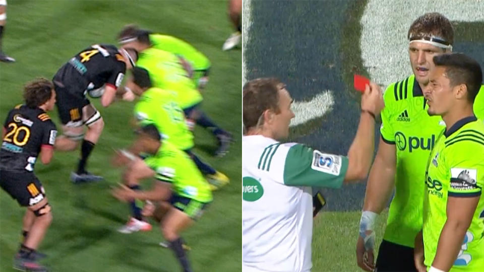 Tomkinson copped a harsh red card against the Chiefs. Pic: Fox Sports