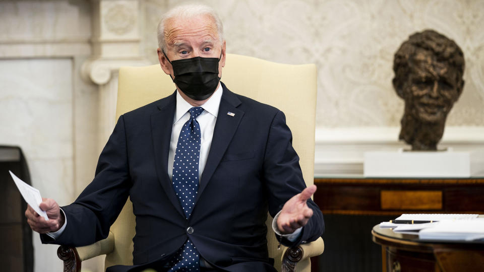 U.S. President Joe Biden speaks during a meeting with the leadership of the Congressional Hispanic Caucus in the Oval Office of the White House April 20, 2021 in Washington, DC. (Doug Mills/Getty Images)