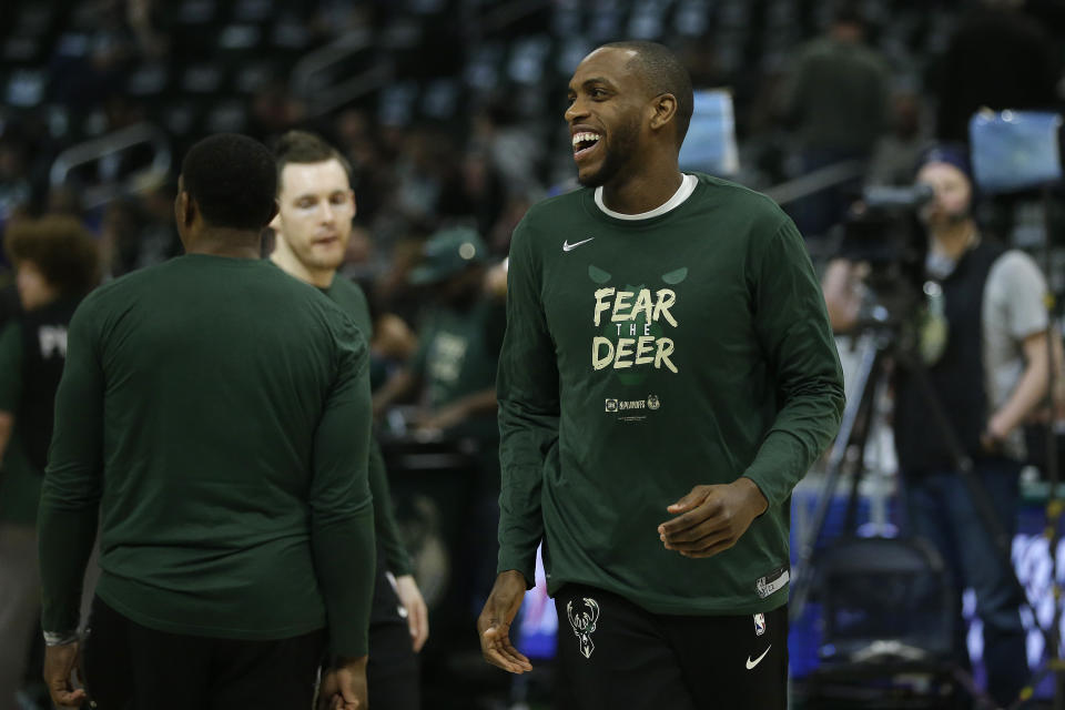 Milwaukee Bucks' Khris Middleton warms up before Game 2 of an NBA basketball first-round playoff series against the Detroit Pistons Wednesday, April 17, 2019, in Milwaukee. (AP Photo/Aaron Gash)