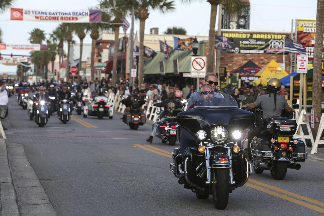 Bikers ride up and down Main Street in Daytona, FL during the starting day of Bike Week on March 5, 2021. (Sam Thomas/Orlando Sentinel)