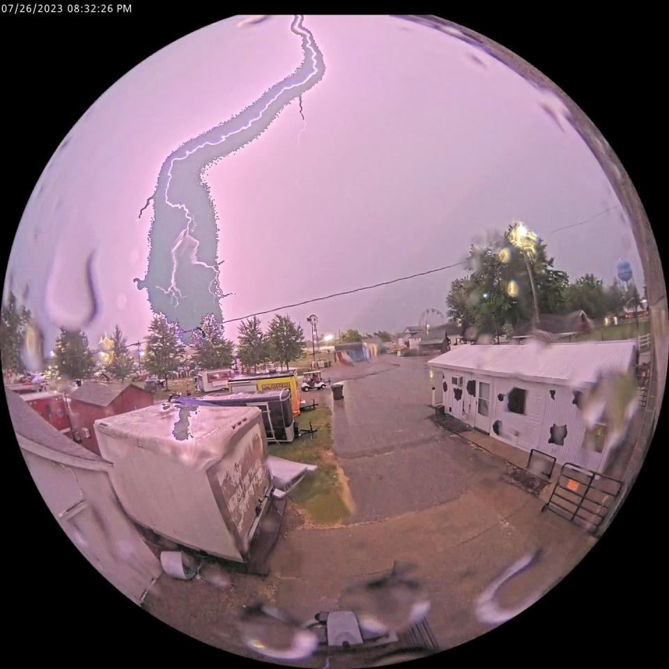 Creek Enterprise's camera systems at the Lenawee County Fair & Event Grounds in Adrian captured this lightning strike all within one second during severe weather and storms that moved through areas of Michigan Wednesday, July 26, 2023.