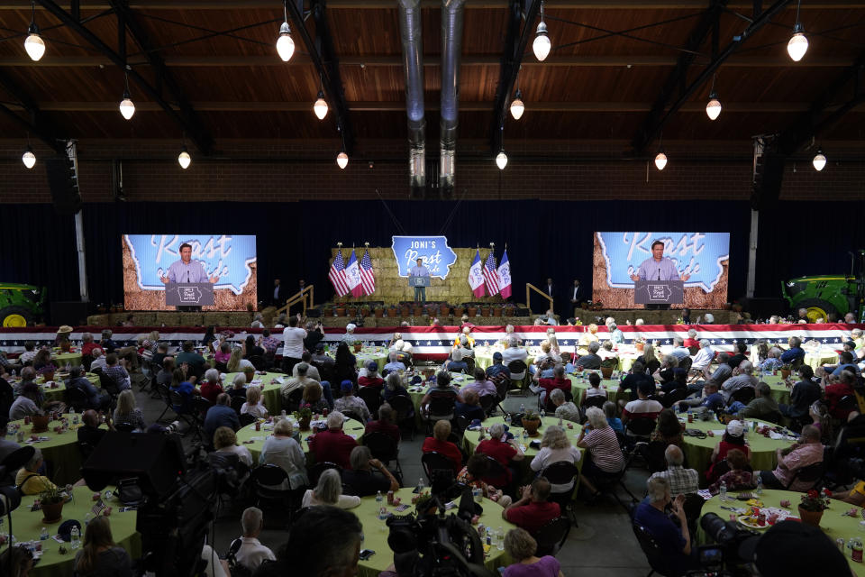 Republican presidential candidate and Florida Gov. Ron DeSantis speaks during U.S. Sen. Joni Ernst's Roast and Ride, Saturday, June 3, 2023, in Des Moines, Iowa. (AP Photo/Charlie Neibergall)