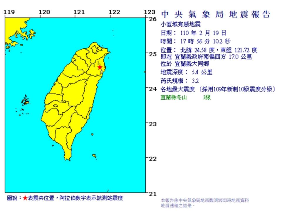 宜蘭大同晚間3.2地震 最大震度3級