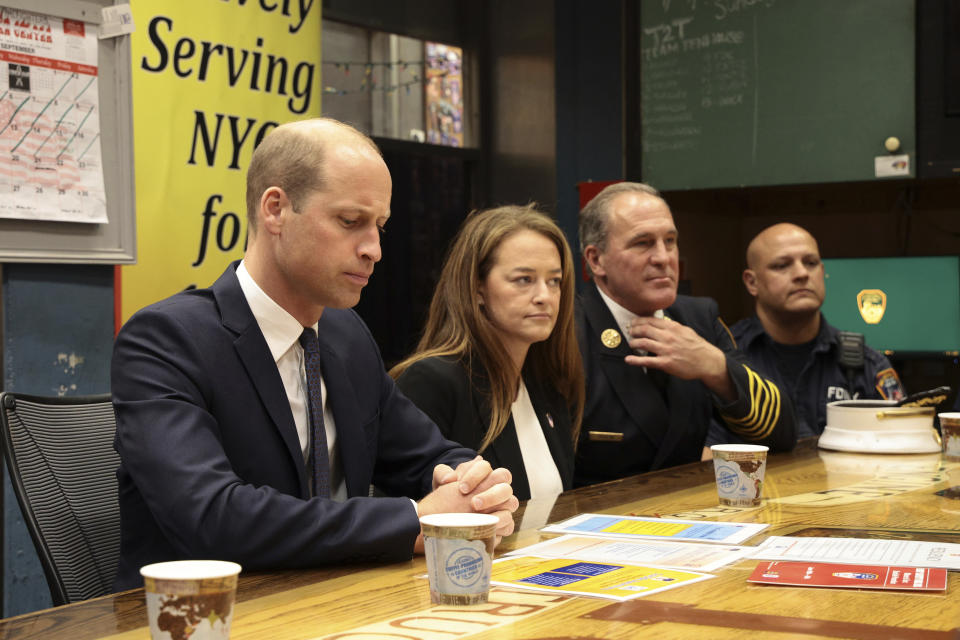 Left to right; William, Prince of Wales, Acting Fire Commissioner Laura Kavanagh, and Chief of Dept. John Hodgens speak at a FDNY Firehouse on Tuesday, Sept. 19, 2023, in New York City. (Dimitrios Kambouris/Pool Photo via AP)