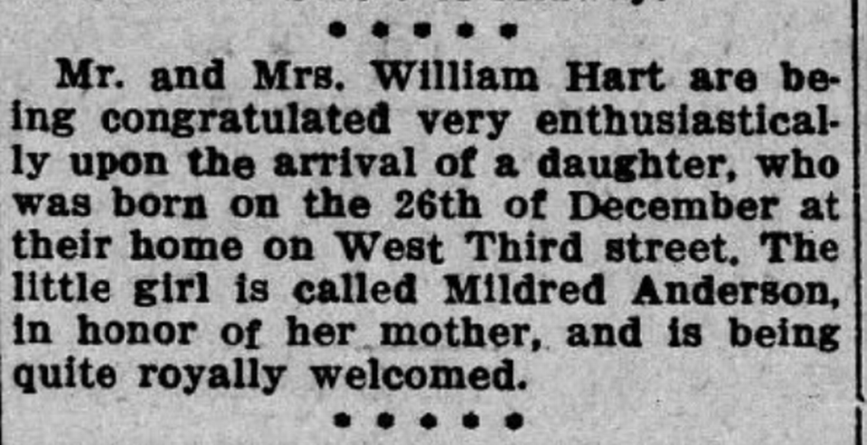 A birth announcement for Mildred Anderson appearing in the Lexington-Leader in Dec. 29, 1912.
