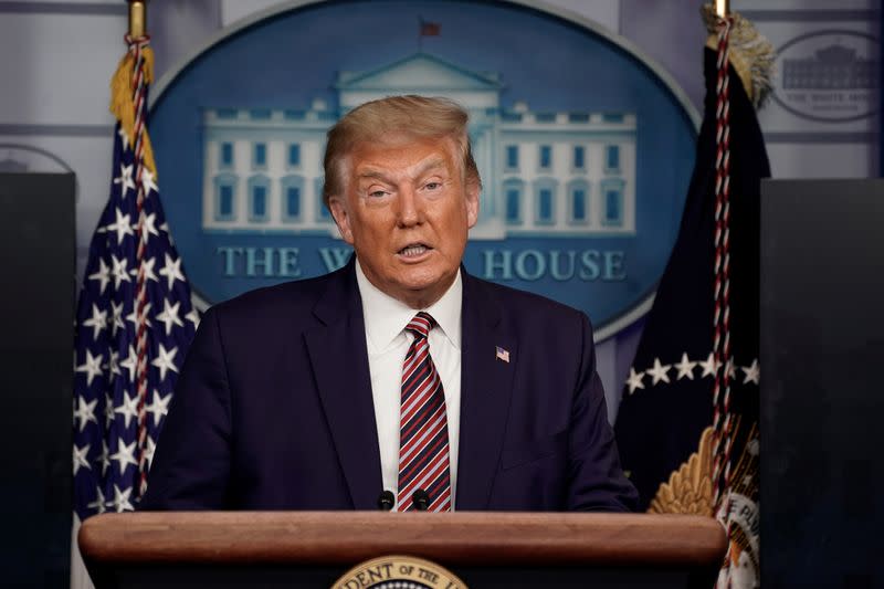 U.S. President Trump speaks to reporters during a news conference