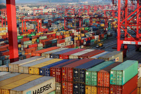 Container boxes are seen at the Yangshan Deep Water Port, part of the Shanghai Free Trade Zone, in Shanghai, China September 24, 2016. Picture taken September 24, 2016. REUTERS/Aly Song/File Photo