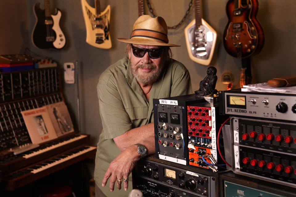 Hank Williams Jr. poses in a recording studio on June 6, 2022, in Nashville, Tenn., to promote his new album "Rich White Honky Blues," under his alter ego Thunderhead Hawkins. The album shows the Country Music Hall of Famer's early influences from blues that later helped him develop his blue-collar Southern country rock sound. (AP Photo/Mark Humphrey)