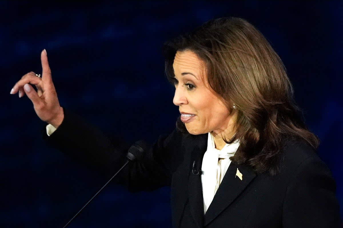 Democratic presidential nominee Vice President Kamala Harris speaks during her debate with Republican presidential nominee former president Donald Trump at the National Constitution Center in Philadelphia on Tuesday night (Copyright 2024 The Associated Press. All rights reserved.)