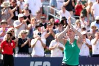 Aug 12, 2018; Montreal, Quebec, Canada; Simona Halep of Romania applauds to the crowd as she wins against Sloane Stephens of the United States (not pictured) during the Rogers Cup tennis tournament at Stade IGA. Credit: Jean-Yves Ahern-USA TODAY Sports