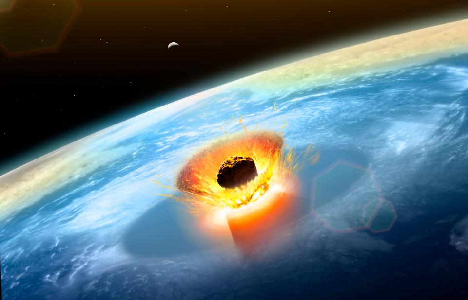 Ein künstlerischer Eindruck davon, wie ein Asteroideneinschlag auf der Erde aussehen würde. - Copyright: Mark Garlick/Science Photo Library/Getty Images