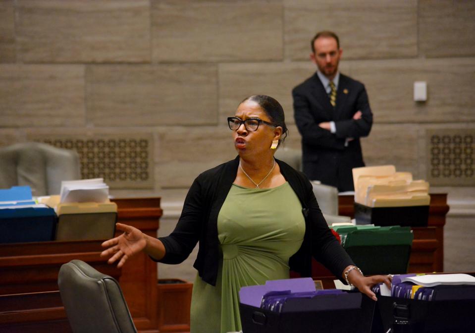 Sen. Karla May, a St. Louis Democrat, speaks on the Senate floor in 2019.