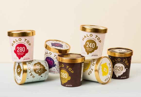 Assortment of pint tubs of Halo Top ice cream.