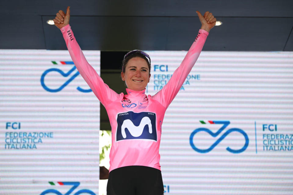 BORGO VAL DI TORO ITALY  JULY 03 Annemiek Van Vleuten of The Netherlands and Movistar Team celebrates at podium as Pink Leader Jersey winner during the 34th Giro dItalia Donne 2023 Stage 4 a 134km stage from Fidenza to Borgo Val di Toro  UCIWWT  on July 03 2023 in Borgo Val di Toro Italy Photo by Dario BelingheriGetty Images