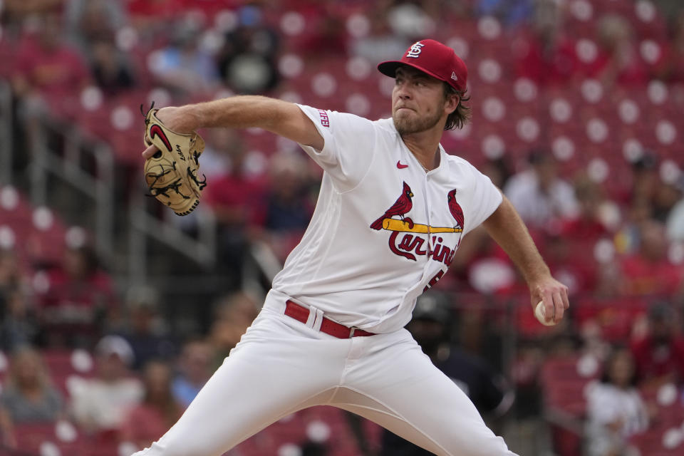 St. Louis Cardinals starting pitcher Matthew Liberatore throws during the first inning of a baseball game against the Minnesota Twins Thursday, Aug. 3, 2023, in St. Louis. (AP Photo/Jeff Roberson)