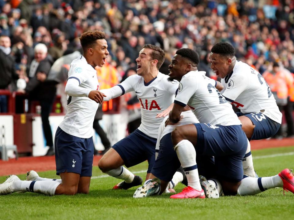 Spurs celebrate their winner at Villa Park: Action