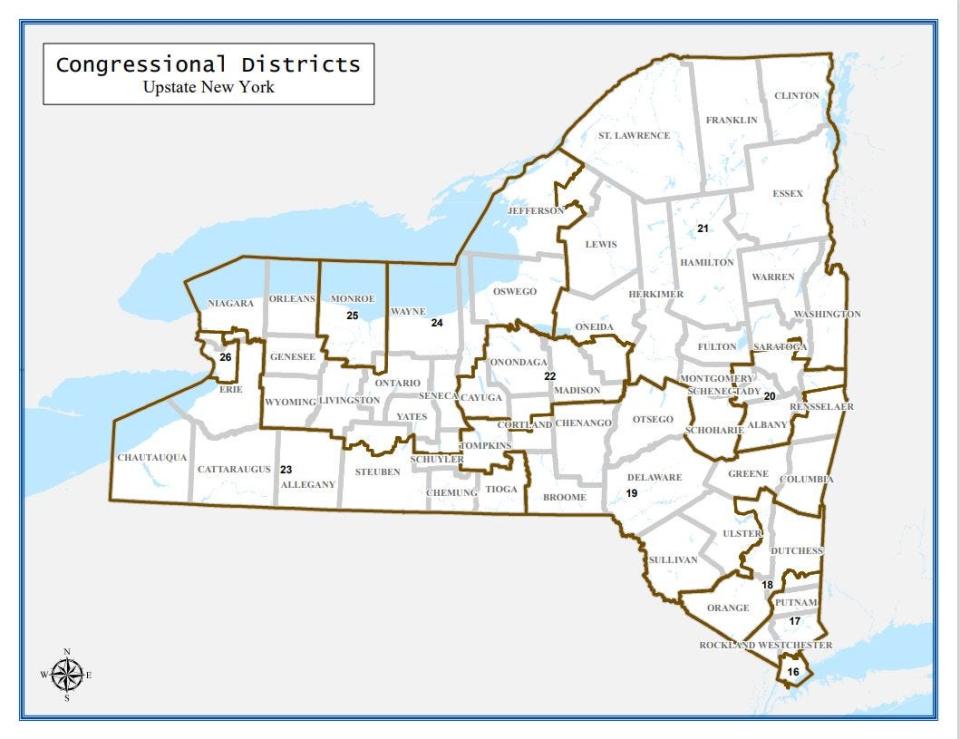 This congressional redistricting map in New York reflects the latest proposal from Democratic lawmakers in New York after they rejected a map proposed by a bipartisan redistricting commission. The map is expected to be approved in late February 2024.