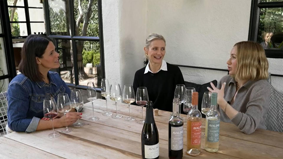Correspondent Dana Jacobson with Cameron Diaz and Katherine Power, who together started the organic and vegan wine label Avaline.  / Credit: CBS News