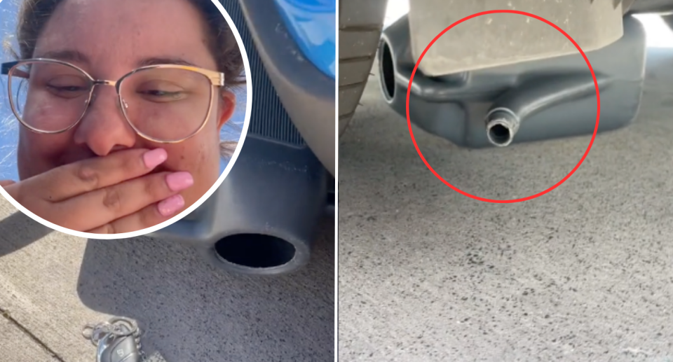 Photo on left shows Rose Valente with her hand to her mouth in embarrassment. Photo on right shows the grey servo watering can under her car.