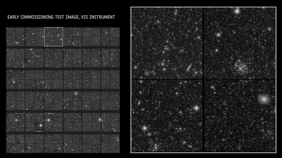 Euclid's visible instrument captured test images of spiral and elliptical galaxies, star clusters, and both nearby and distant stars. One image (left) shows the full field of view, while the zoom-in (right) showcases the detail that VIS is already achieving. - ESA/Euclid Consortium/NASA