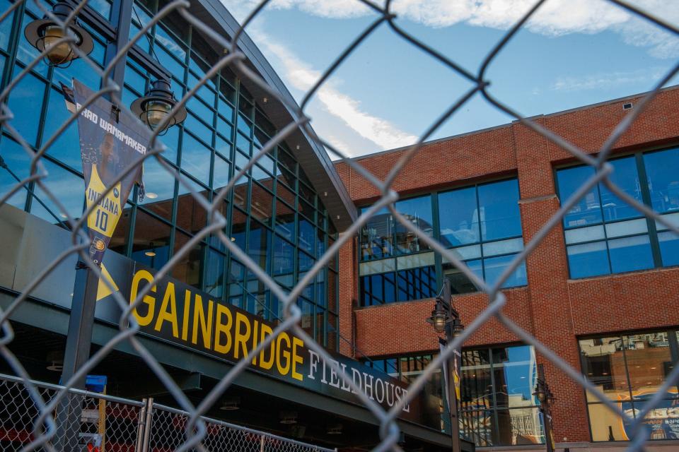 Work continues outside Gainbridge Fieldhouse on Tuesday, Nov. 30, 2021, on a three-phase, $360 million renovation that will continue through fall of 2022. 