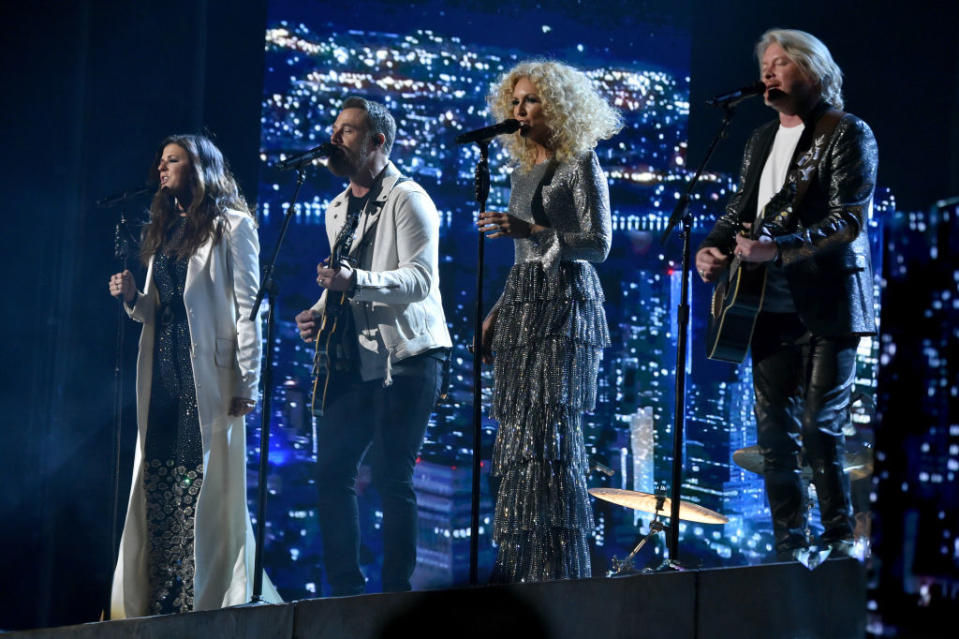 <p>Karen Fairchild, Jimi Westbrook, Kimberly Schlapman, and Philip Sweet of Little Big Town perform onstage during the 60th Annual Grammy Awards on January 28, 2018, in New York City. (Photo: Getty Images) </p>