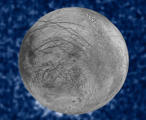 <span class="caption">Composite image of suspected water vapour plumes erupting at the seven o’clock position off the limb of Jupiter’s moon Europa.</span> <span class="attribution"><span class="source">NASA</span></span>