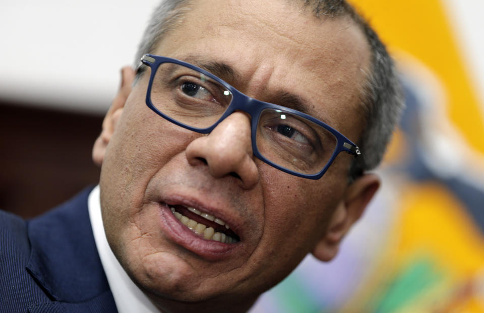 FILE - Ecuador's Vice President Jorge Glas speaks during an interview at his office in Quito, Ecuador, Sept. 12, 2017. Ecuador announced on Monday, April 29, 2024 that it is suing Mexico before the International Court of Justice for granting political asylum to Glas who was later imprisoned after a break-in at the country's embassy in Quito, triggering the rupture of diplomatic relations between Ecuador and Mexico.(AP Photo/Dolores Ochoa, File)