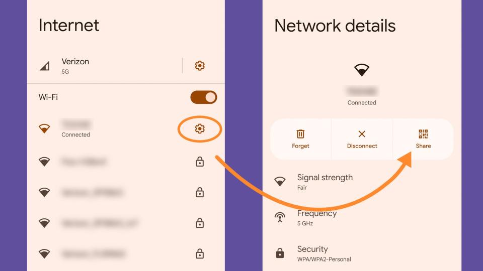 Android settings showing where to find the cog icon that will lead you to your WiFi password.