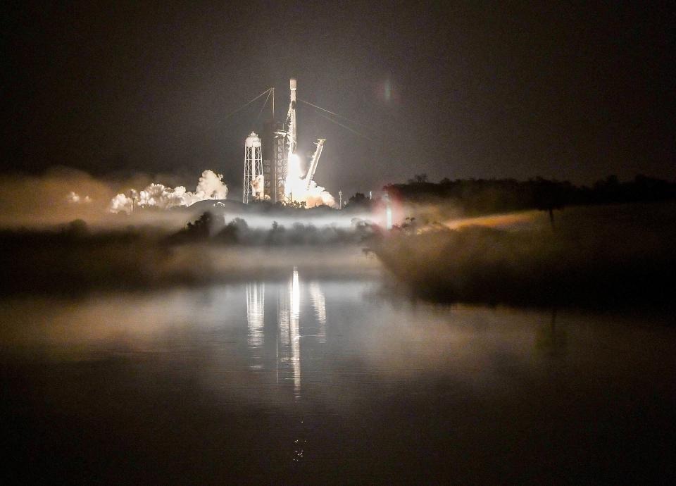 A SpaceX Falcon 9 rocket lifts off from Kennedy Space Center on March 14, 2021.