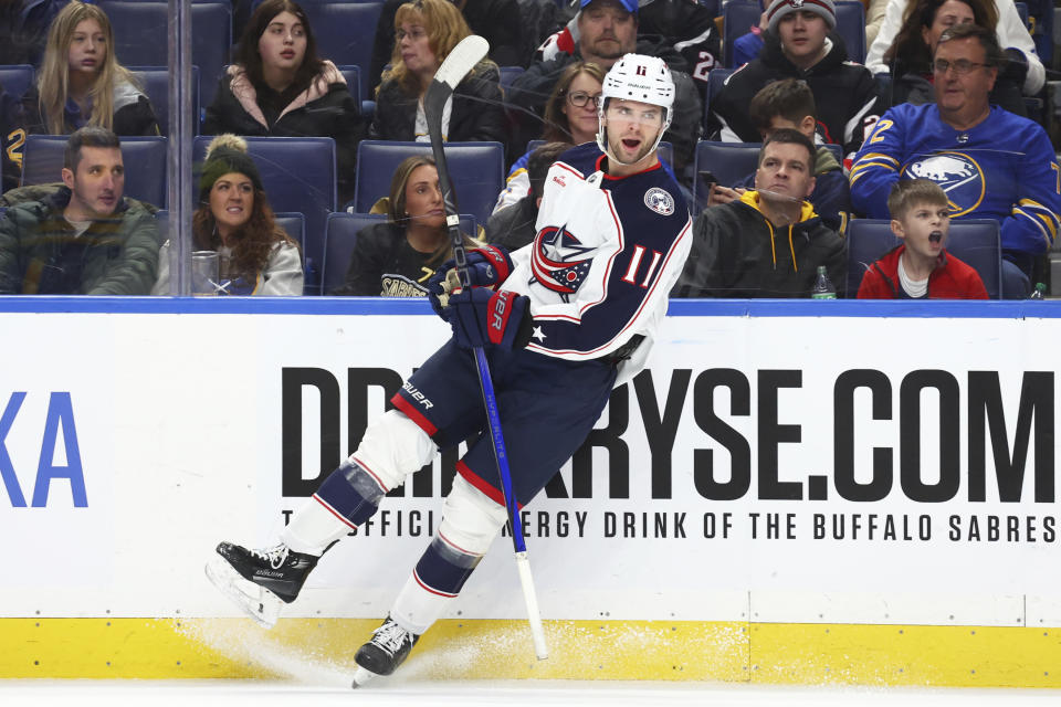 Columbus Blue Jackets center Adam Fantilli (11) celebrates after his goal during the second period of an NHL hockey game against the Buffalo Sabres, Saturday, Dec. 30, 2023, in Buffalo, N.Y. (AP Photo/Jeffrey T. Barnes)