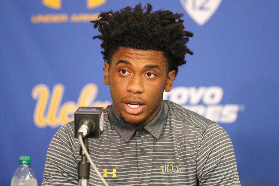 Jalen Hill of the UCLA Men's Baskeball speaks to the media during a press conference at Pauley Pavilion on November 15, 2017 in Los Angeles, California.