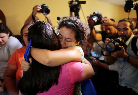 Maria Adilia Peralta, who according to local media was arrested for participating in a protest against Nicaraguan President Daniel Ortega's government, embraces a relative after being released from La Esperanza Prison, in Masaya, Nicaragua May 20, 2019.REUTERS/Oswaldo Rivas