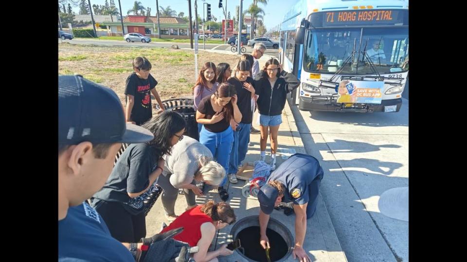 Rescuers said “with some ingenuity, technical skills, a box, can of tuna, and a meow sound video from YouTube, they were able to rescue the feline.” Photo from Orange County Fire Authority