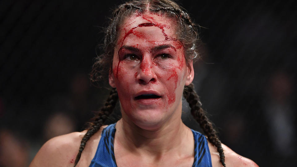 Blood, pictured here on the forehead of Jessica Eye after an accidental clash of heads with Jennifer Maia.