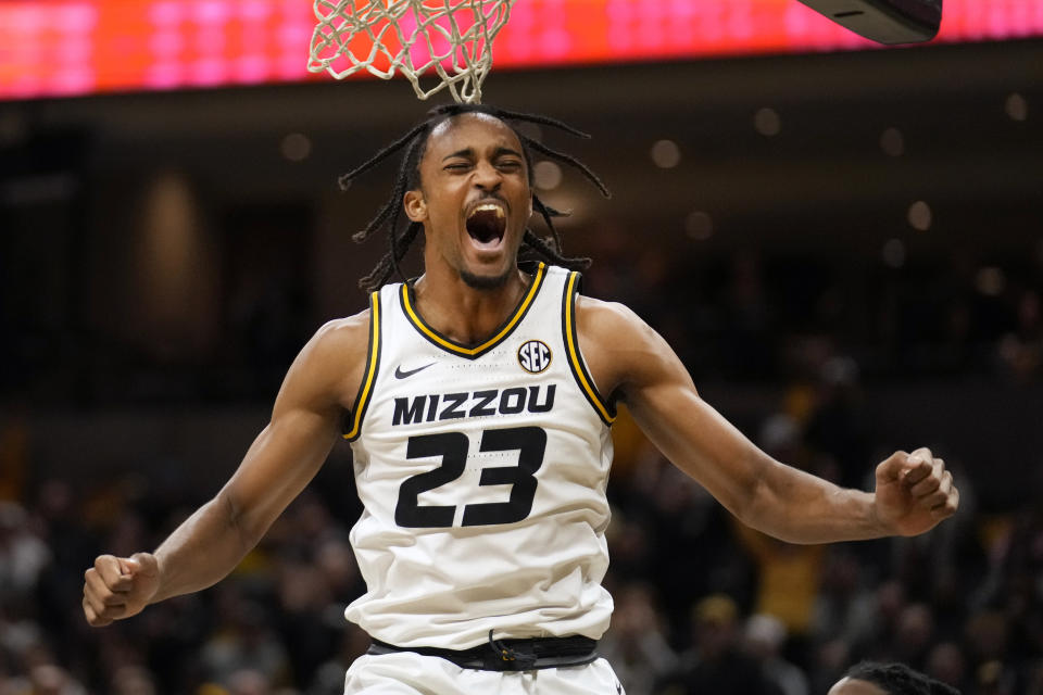 Missouri's Aidan Shaw (23) celebrates after scoring during the second half of an NCAA college basketball game against Georgia Saturday, Jan. 6, 2024, in Columbia, Mo. Georgia won 75-68. (AP Photo/Jeff Roberson)