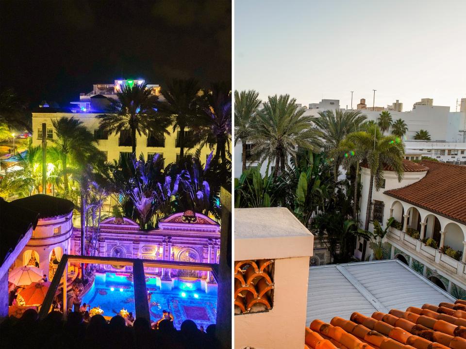 Side by side photos in the versace mansion show the rooftop views during the day and at night