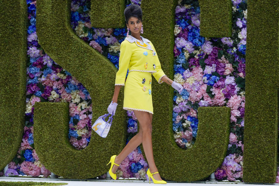 The Moschino collection is modeled during New York Fashion Week, Thursday, Sept. 9, 2021. (AP Photo/Mary Altaffer)