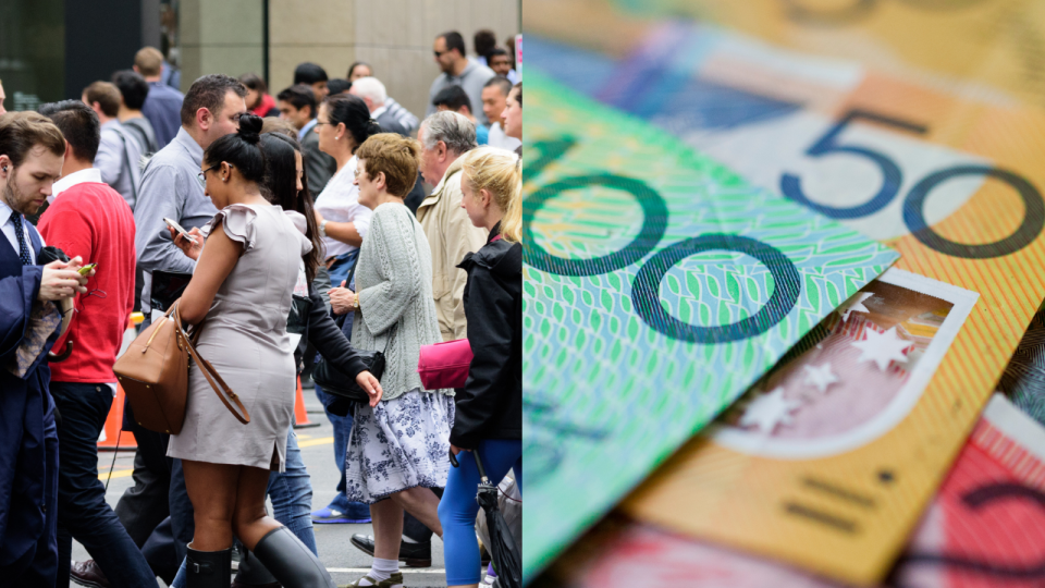 Compilation image of people walking across a street and a pile of Australian dollar notes to represent finances