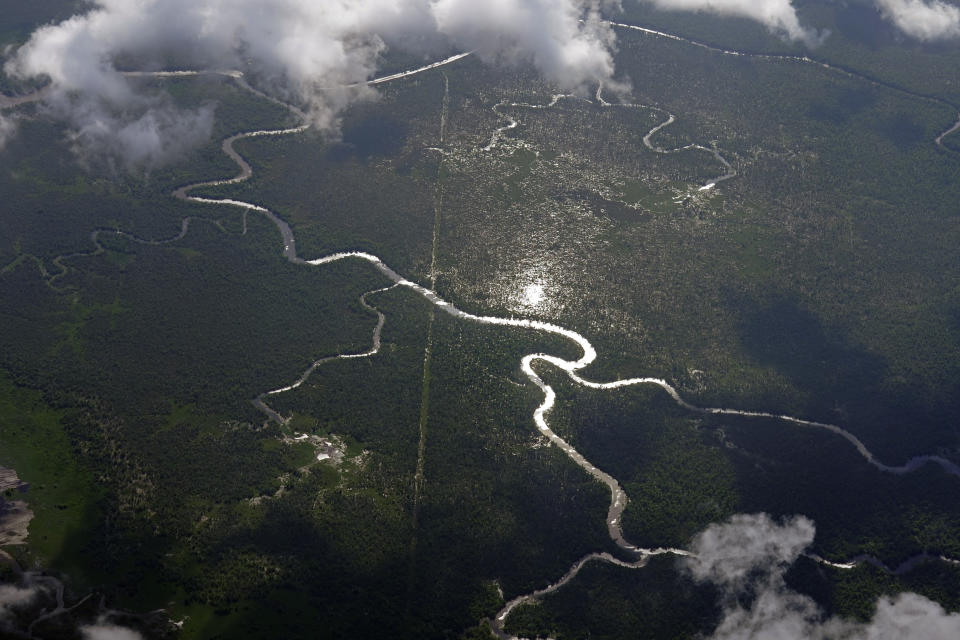 Hog Bayou, part of the Wax Lake Delta in the Atchafalaya Basin, is seen from a plane in St. Mary Parish, La., Tuesday, May 25, 2021. In geological time, young means thousands of years. On that scale, Louisiana's Wax Lake Delta is taking its first breaths. (AP Photo/Gerald Herbert)