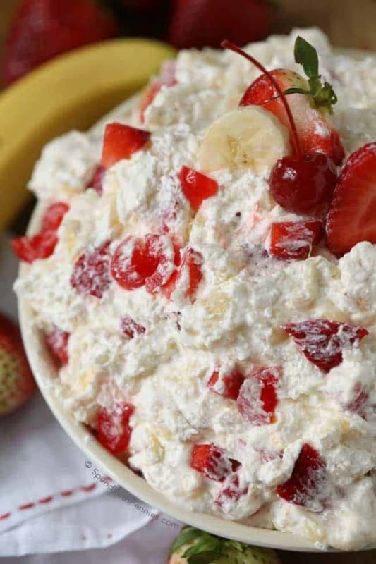 <p>Spend With Pennies</p><p>Packed with fruit this dish is sweet, creamy and takes just minutes to make.</p><p><strong>Get the recipe: <a href="https://www.spendwithpennies.com/strawberry-banana-salad/" rel="nofollow noopener" target="_blank" data-ylk="slk:Strawberry Banana Salad;elm:context_link;itc:0;sec:content-canvas" class="link ">Strawberry Banana Salad</a></strong></p>