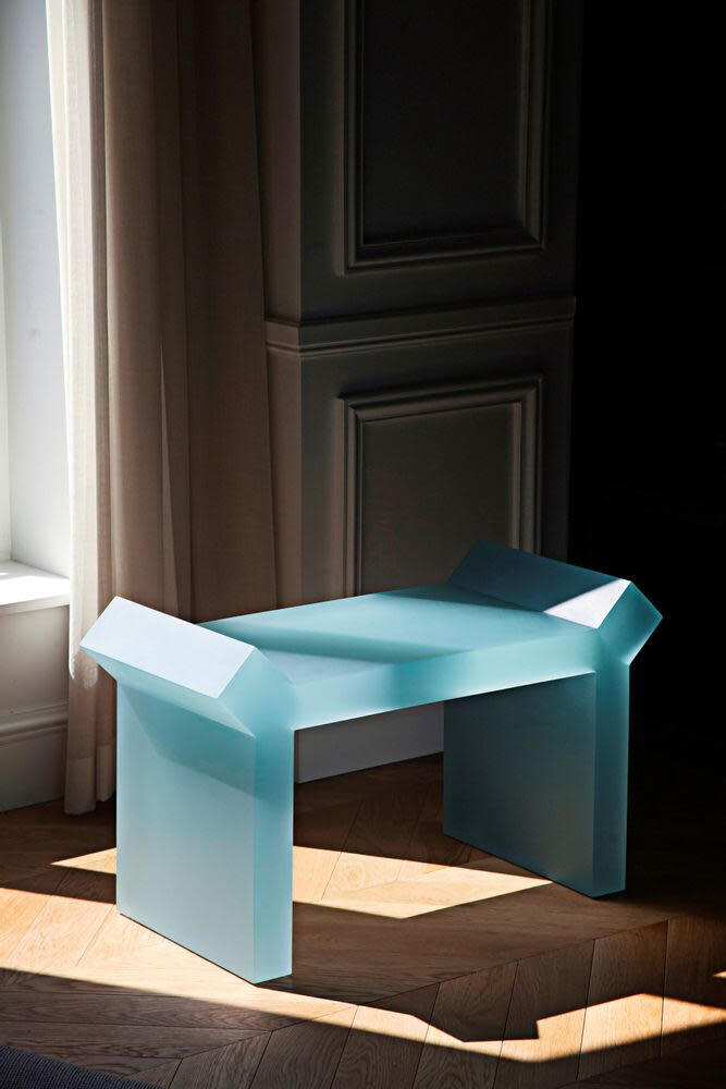 Just one example of the many furnishings featured at this fall’s Maison&Objet, the seamless, solid-resin, statement-making Constantin bench by Francesco Balzano for Theoreme Editions filters the sunlight streaming through a window