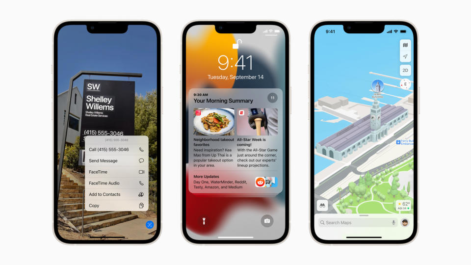 iOS 15 bringt unter anderem Livetext mit On-Device Intelligenz, überarbeitete Mitteilungen, Aktualisierungen in Karten. (Bild: Apple)