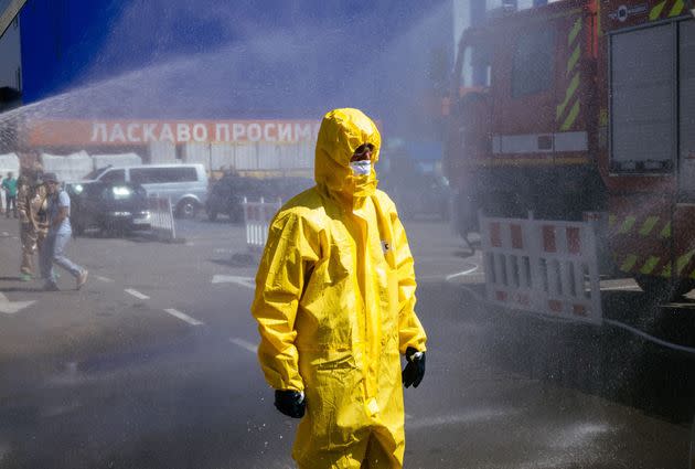 A Ukrainian Emergency Ministry rescuer attends a training exercise in the city of Zaporizhzhia on Aug. 17 to be prepared in case of a possible nuclear incident at the Zaporizhzhia nuclear power plant. Ukraine remains deeply scarred by the 1986 Chernobyl nuclear catastrophe. (Photo: DIMITAR DILKOFF/AFP via Getty Images)