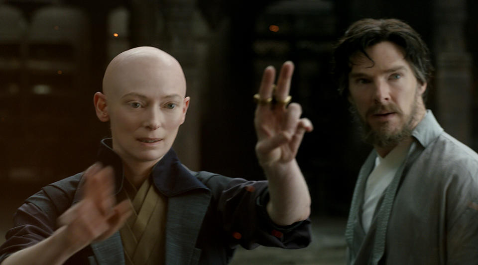 Marvel’s DOCTOR STRANGE..L to R: The Ancient One (Tilda Swinton) and Doctor Stephen Strange (Benedict Cumberbatch)..Photo Credit: Film Frame ..©2016 Marvel. All Rights Reserved.