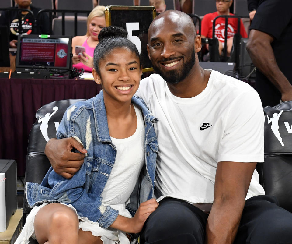 Gianna Bryant and her father, former NBA player Kobe Bryant, attend the WNBA All-Star Game 2019 at the Mandalay Bay Events Center on July 27, 2019 in Las Vegas, Nevada. (Photo by Ethan Miller/Getty Images)