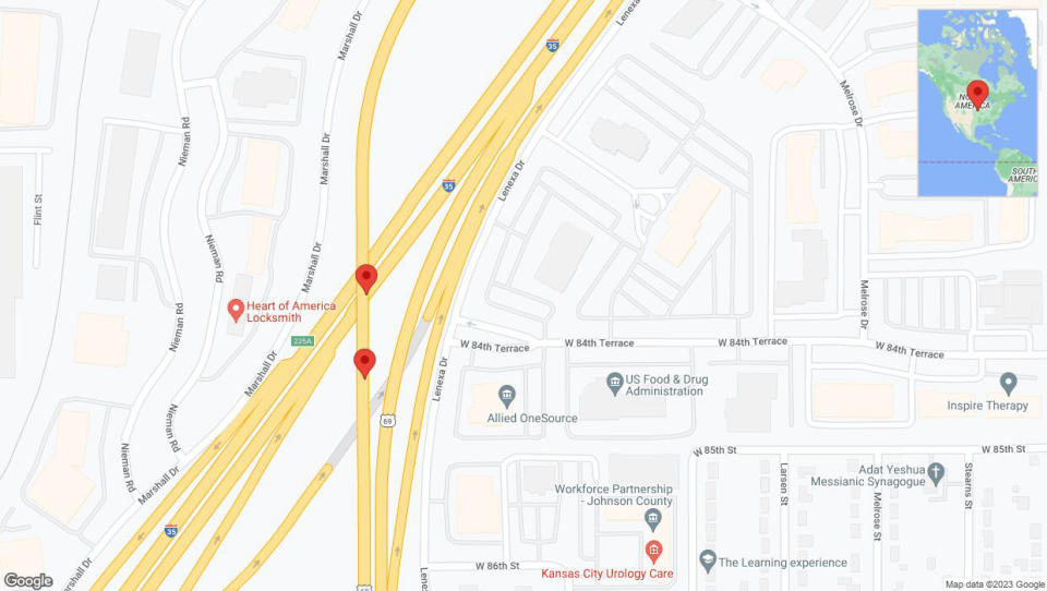 A detailed map that shows the affected road due to 'Broken down vehicle on southbound US-69 South in Lenexa' on December 15th at 4:39 p.m.