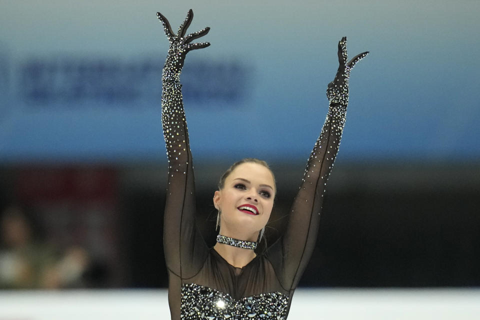 Silver medalist Belgium's Loena Hendrickx performs her Free Skating routine in the Women's Final of the ISU Grand Prix of Figure Skating Final held in Beijing, Saturday, Dec. 9, 2023. (AP Photo/Ng Han Guan)