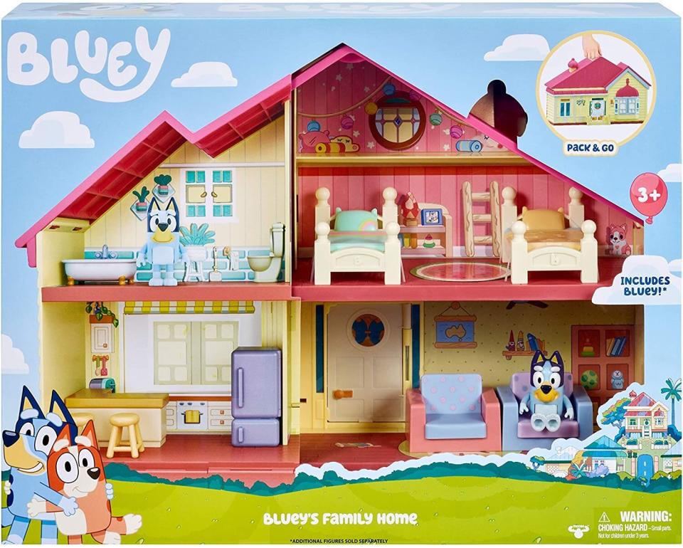 <a href="https://amzn.to/35WiVoU" target="_blank" rel="noopener noreferrer">This play set</a> includes a house with four different rooms. There's removable furniture, opening doors and a patio, too. Kids can make the Bluey figure jump around from room to room. <a href="https://amzn.to/35WiVoU" target="_blank" rel="noopener noreferrer">Find it for $73 at Amazon</a>.